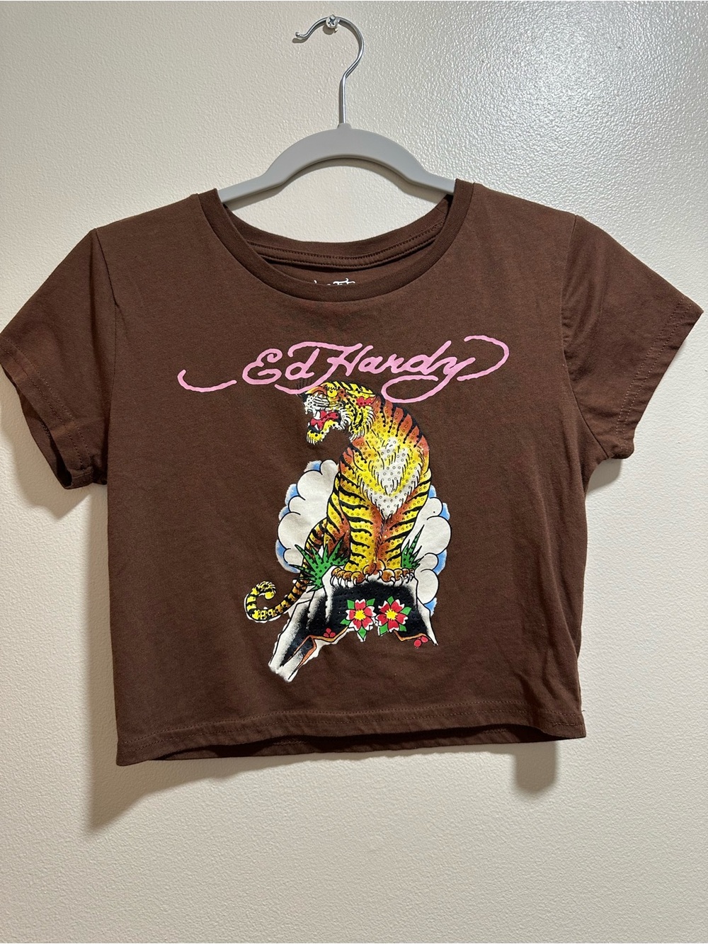 Ed Hardy Brown Cropped Tee with Pink Logo and Rhinestone Tiger